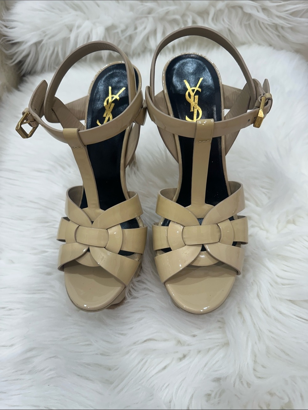 Yves Saint Laurent Beige Patent Leather Platform Heels - Picture 2 of 7